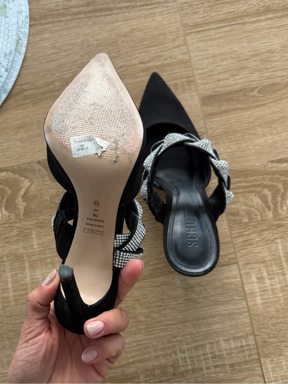 SCHUTZ Black Pointed Slingback Heels with Silver Braided Straps - Picture 5 of 5